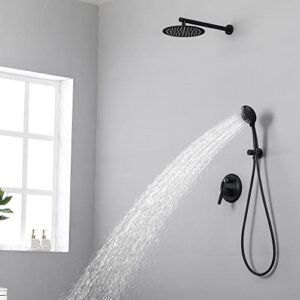 SHAMANDA Shower System, Shower Faucets Sets Complete with High Pressure 10" Rain Shower Head and 5-Setting Handheld Shower Head(Round-In Valve and Trim Included) Wall Mounted, Matte Black, L02-7