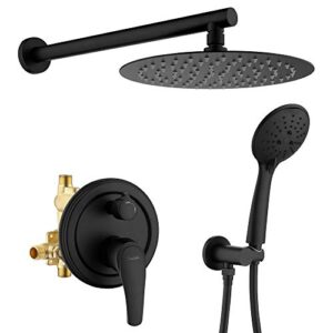 shamanda shower system, shower faucets sets complete with high pressure 10" rain shower head and 5-setting handheld shower head(round-in valve and trim included) wall mounted, matte black, l02-7