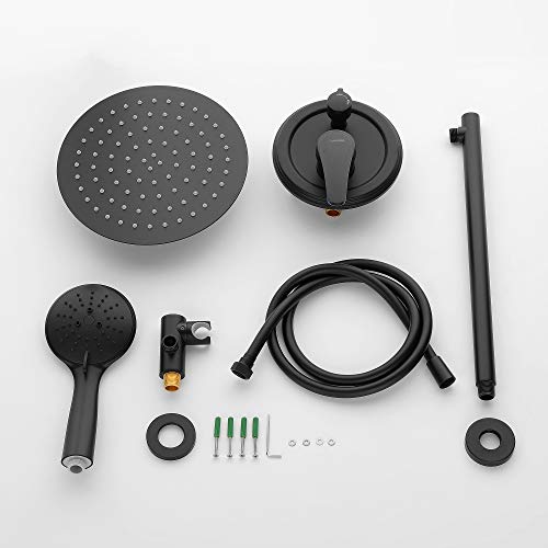 SHAMANDA Shower System, Shower Faucets Sets Complete with High Pressure 10" Rain Shower Head and 5-Setting Handheld Shower Head(Round-In Valve and Trim Included) Wall Mounted, Matte Black, L02-7