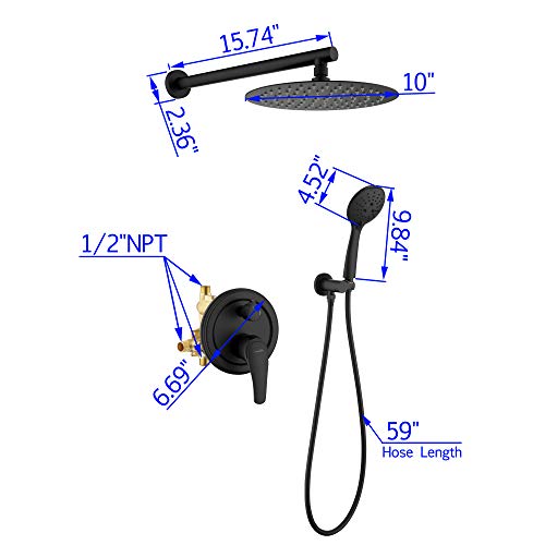 SHAMANDA Shower System, Shower Faucets Sets Complete with High Pressure 10" Rain Shower Head and 5-Setting Handheld Shower Head(Round-In Valve and Trim Included) Wall Mounted, Matte Black, L02-7