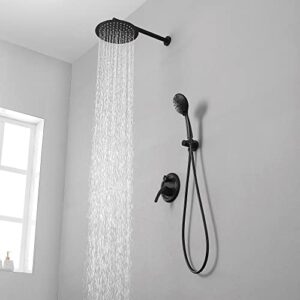 SHAMANDA Shower System, Shower Faucets Sets Complete with High Pressure 10" Rain Shower Head and 5-Setting Handheld Shower Head(Round-In Valve and Trim Included) Wall Mounted, Matte Black, L02-7