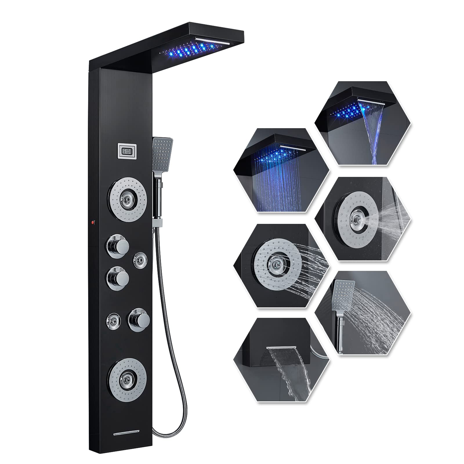 POPFLY 6 In 1 LED Shower Panel Tower System With Waterfall Rain System, 4 Angle Adjustable Mist Jets and High Pressure 2 Body Massage Jets, 304 Stainless Steel Shower Tower, Black