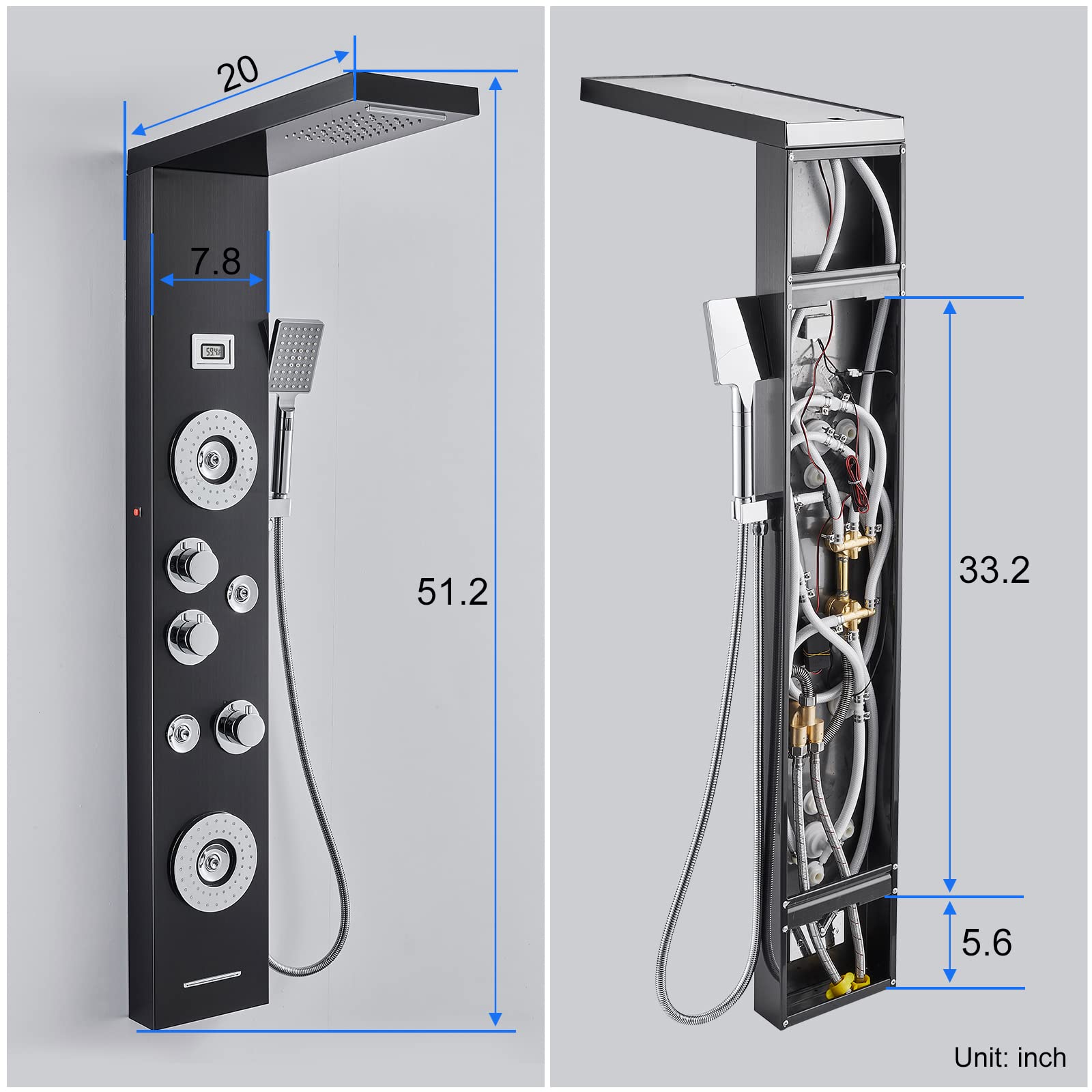 POPFLY 6 In 1 LED Shower Panel Tower System With Waterfall Rain System, 4 Angle Adjustable Mist Jets and High Pressure 2 Body Massage Jets, 304 Stainless Steel Shower Tower, Black