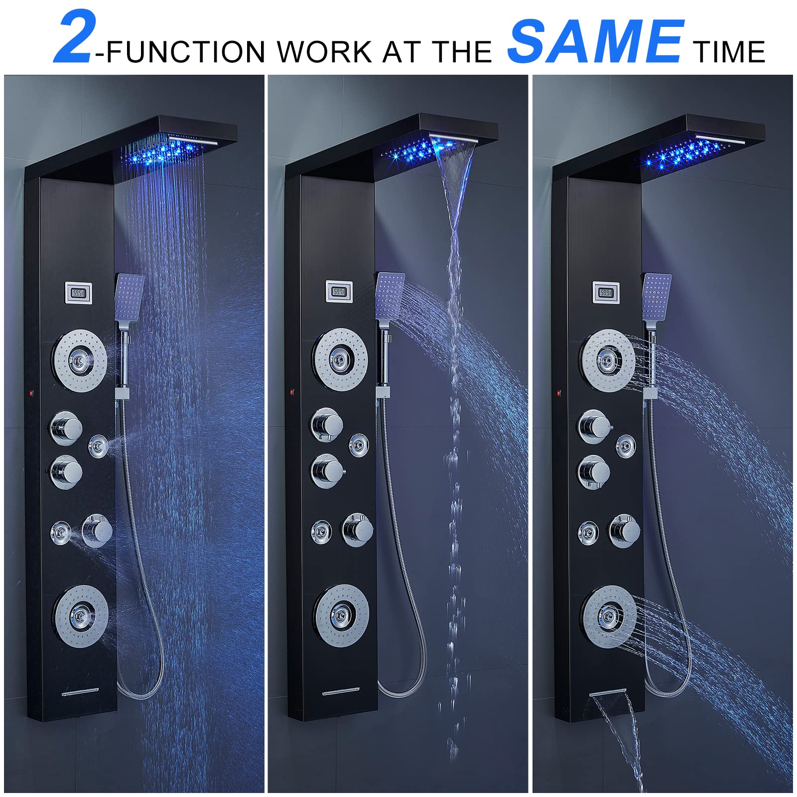 POPFLY 6 In 1 LED Shower Panel Tower System With Waterfall Rain System, 4 Angle Adjustable Mist Jets and High Pressure 2 Body Massage Jets, 304 Stainless Steel Shower Tower, Black