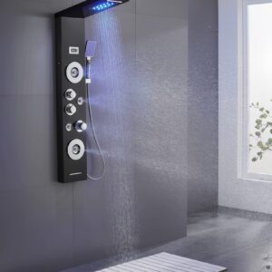 POPFLY 6 In 1 LED Shower Panel Tower System With Waterfall Rain System, 4 Angle Adjustable Mist Jets and High Pressure 2 Body Massage Jets, 304 Stainless Steel Shower Tower, Black