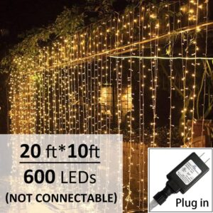 Solhice LED Curtain Lights Outdoor 20ft x10ft, 600 LED Plug in Hanging Window String Lights Indoor, Twinkle Lights Backdrop for Backyard Patio Wedding Bedroom Decor, Warm White (Not Connectable)