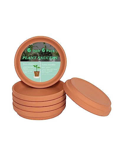 6 Inch Middle Terracotta Pot Plant Saucer - 6pcs Middle Round Plant Pot Saucers, Middle Clay Plant Tray Perfect for 5 Inch 5.5 Inch 6 Inch Flower Pot with Drainage Hole and Great for Indoor or Outdoor