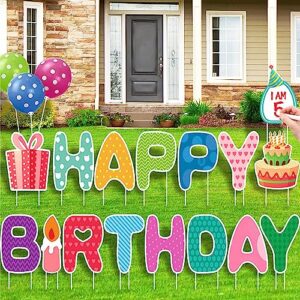 16pcs happy birthday yard sign with stakes, 15" large birthday yard signs outdoor lawn decorations, a writable whiteboard & 3 real balloons, weatherproof corrugated board