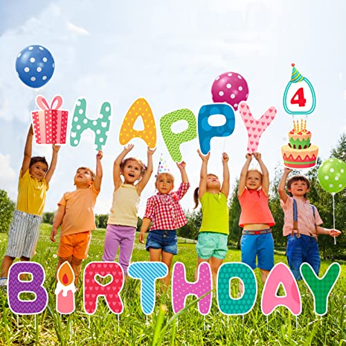 16Pcs Happy Birthday Yard Sign with Stakes, 15" Large Birthday Yard Signs Outdoor Lawn Decorations, A Writable Whiteboard & 3 Real Balloons, Weatherproof Corrugated Board