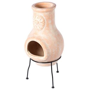 Outdoor Clay Chiminea Sun Design Charcoal Burning Fire Pit with Sturdy Metal Stand