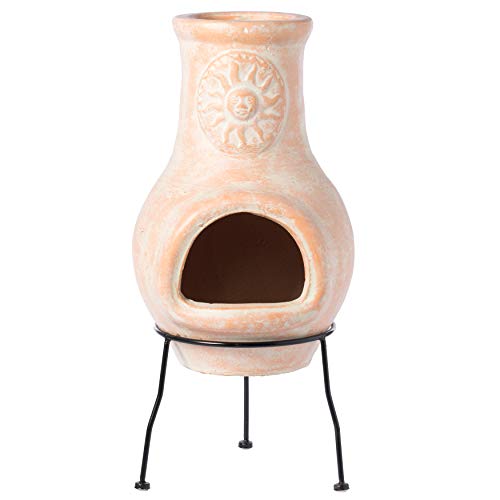 Outdoor Clay Chiminea Sun Design Charcoal Burning Fire Pit with Sturdy Metal Stand