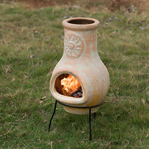 Outdoor Clay Chiminea Sun Design Charcoal Burning Fire Pit with Sturdy Metal Stand