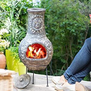 Outdoor Clay Chiminea Fire Pit Overall Size 34.2 inch Tall - Patio Handcrafted Chimenea, Backyard Fireplace with Cover Lid, Rustic Ceramic Chimney