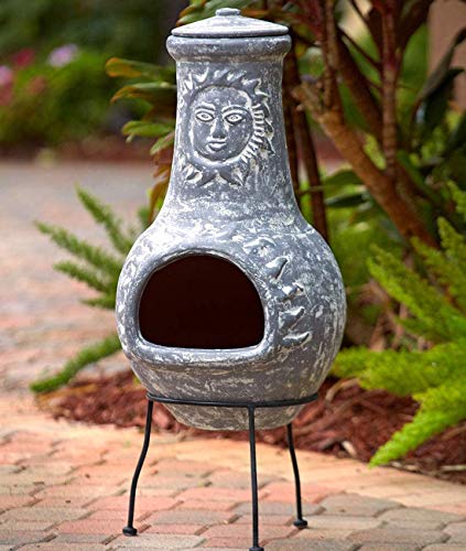 Outdoor Clay Chiminea Fire Pit Overall Size 34.2 inch Tall - Patio Handcrafted Chimenea, Backyard Fireplace with Cover Lid, Rustic Ceramic Chimney