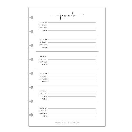 BetterNote Password Tracker Refill Pages for Disc Notebook, Fits Discbound, Levenger Circa, Happy Planner, Staples Arc, TUL, Talia (Modern- 25 pages, 8-Disc, 5.5"x8.5")