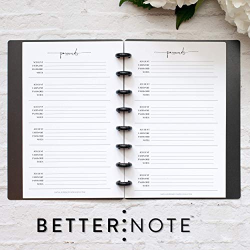 BetterNote Password Tracker Refill Pages for Disc Notebook, Fits Discbound, Levenger Circa, Happy Planner, Staples Arc, TUL, Talia (Modern- 25 pages, 8-Disc, 5.5"x8.5")