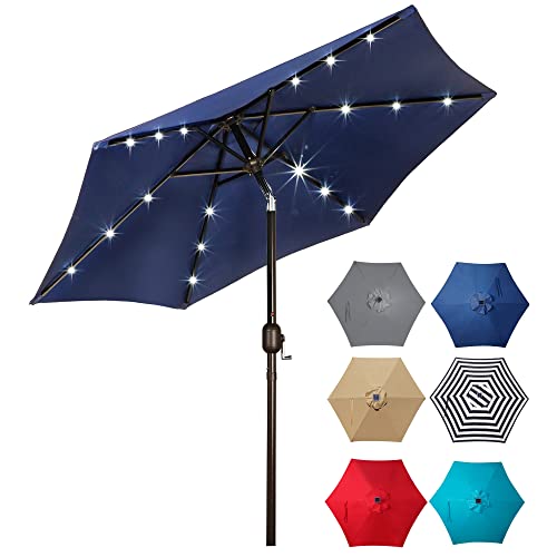 Blissun 7.5 ft Solar Umbrella 18 LED Lighted Patio Umbrella Table Market Umbrella with Tilt and Crank Outdoor Umbrella for Garden, Deck, Backyard, Pool and Beach (Navy Blue)