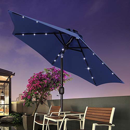 Blissun 7.5 ft Solar Umbrella 18 LED Lighted Patio Umbrella Table Market Umbrella with Tilt and Crank Outdoor Umbrella for Garden, Deck, Backyard, Pool and Beach (Navy Blue)