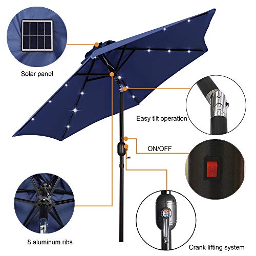 Blissun 7.5 ft Solar Umbrella 18 LED Lighted Patio Umbrella Table Market Umbrella with Tilt and Crank Outdoor Umbrella for Garden, Deck, Backyard, Pool and Beach (Navy Blue)