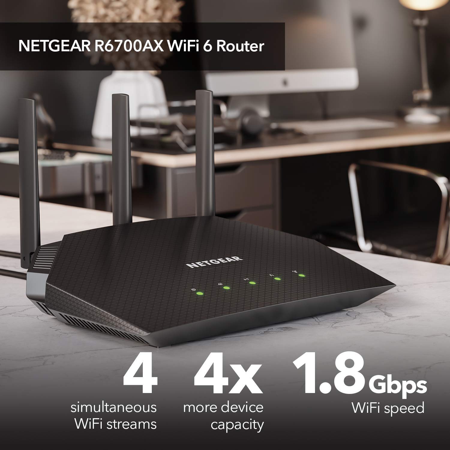 NETGEAR 4-Stream WiFi 6 Router (R6700AX) – AX1800 Wireless Speed (Up to 1.8 Gbps) | 1,500 sq. ft. Coverage (Renewed)