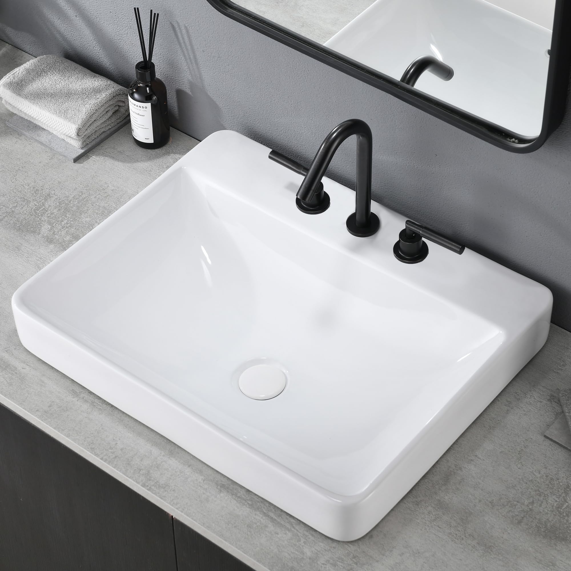 VESLA HOME 23 x 18 inch Large Rectangular Porcelain Ceramic Drop in Bathroom Vessel Sink,Modern Above Counter Basin for Lavatory Vanity Cabinet