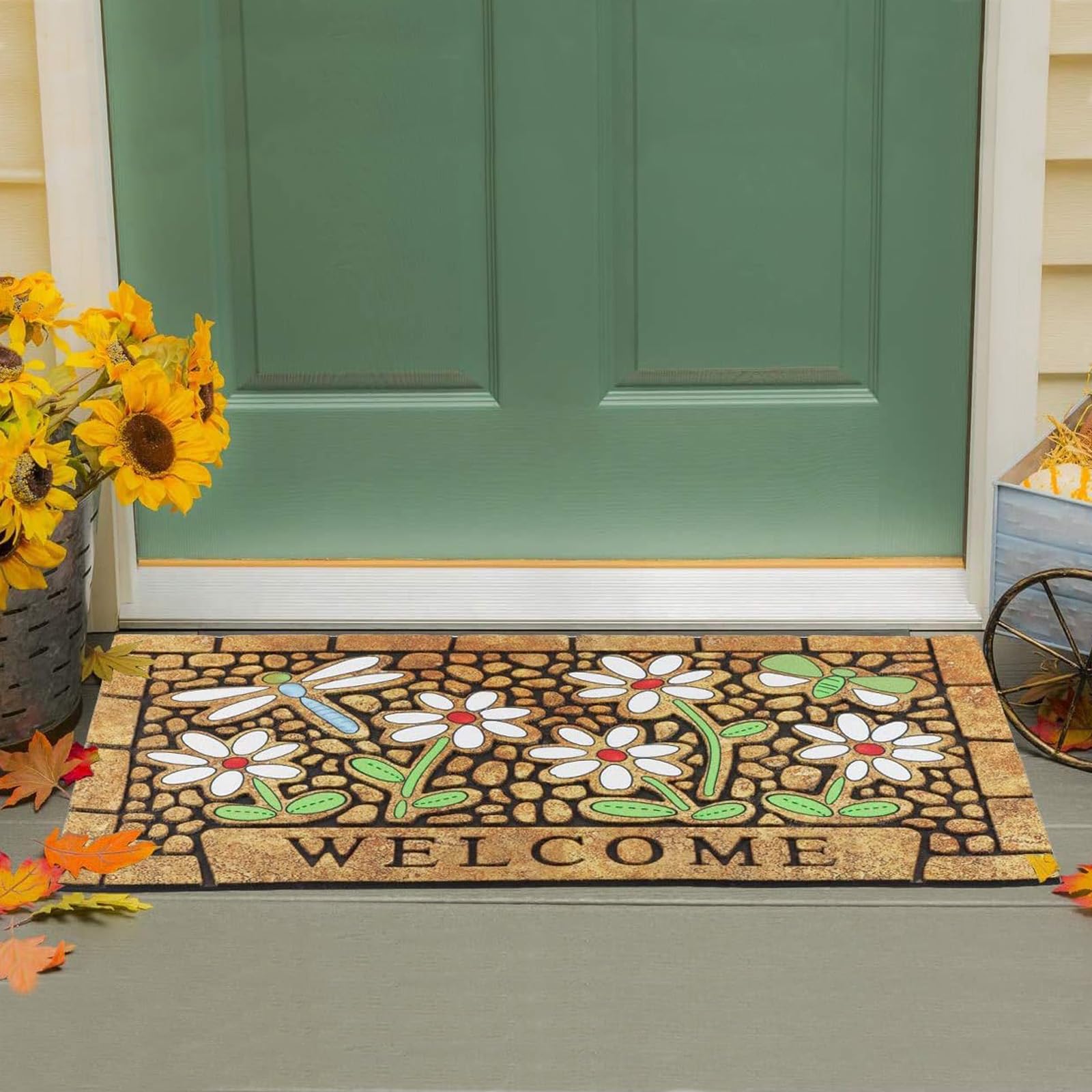 CHICHIC Door Mat, Welcome Mat 17x 30 Inch Front Door Mat Outdoors for Home Entrance Outdoors Mat for Outside Entry Way Doormat Entry Rugs, Heavy Duty Non Slip Rubber Back Low Profile, Dragonfly