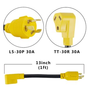 3 Prong RV Generator Adapter Cord,NEMA L5-30P to TT-30R,30 Amp 125V Generator to RV Adapter with 1FT,Heavy Duty SJTW 10/3 Cord, Yellow