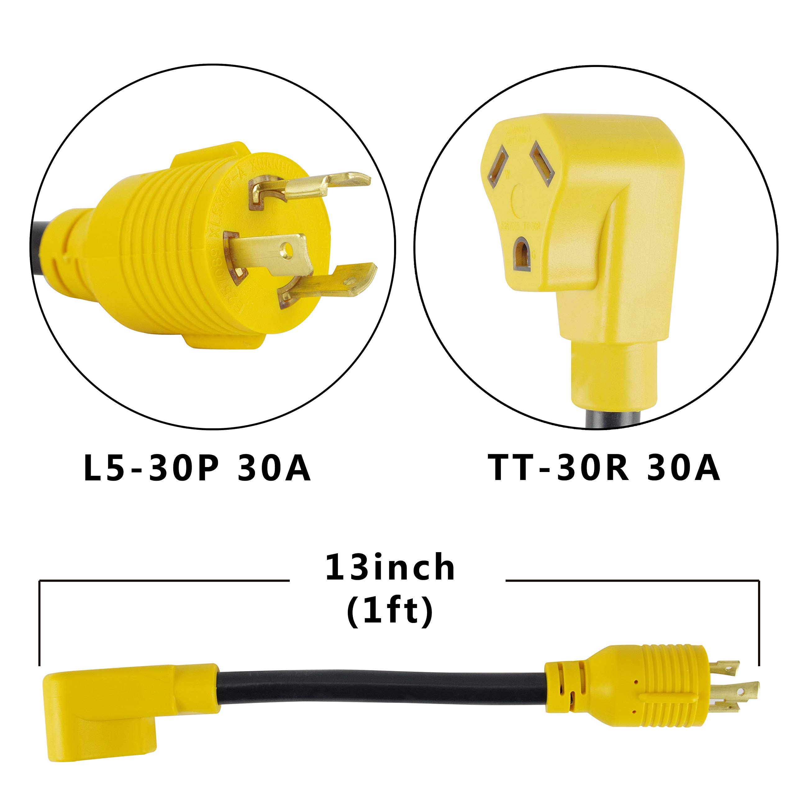 3 Prong RV Generator Adapter Cord,NEMA L5-30P to TT-30R,30 Amp 125V Generator to RV Adapter with 1FT,Heavy Duty SJTW 10/3 Cord, Yellow