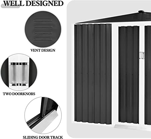 Oakmont Outdoor Garden Storage Shed 6' × 8' Feet Walk-in Garden Tool House with Double Sliding Doors, Yard Lawn (Grey)