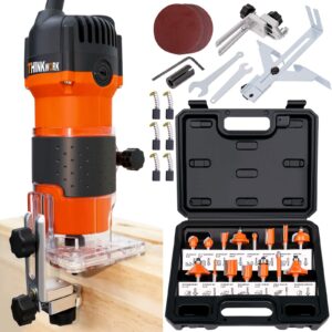 thinkwork compact router, 6.5-amp 1.25 hp compact wood palm router, wood trimmer with 15 pieces 1/4" router bits set, 30000r/min