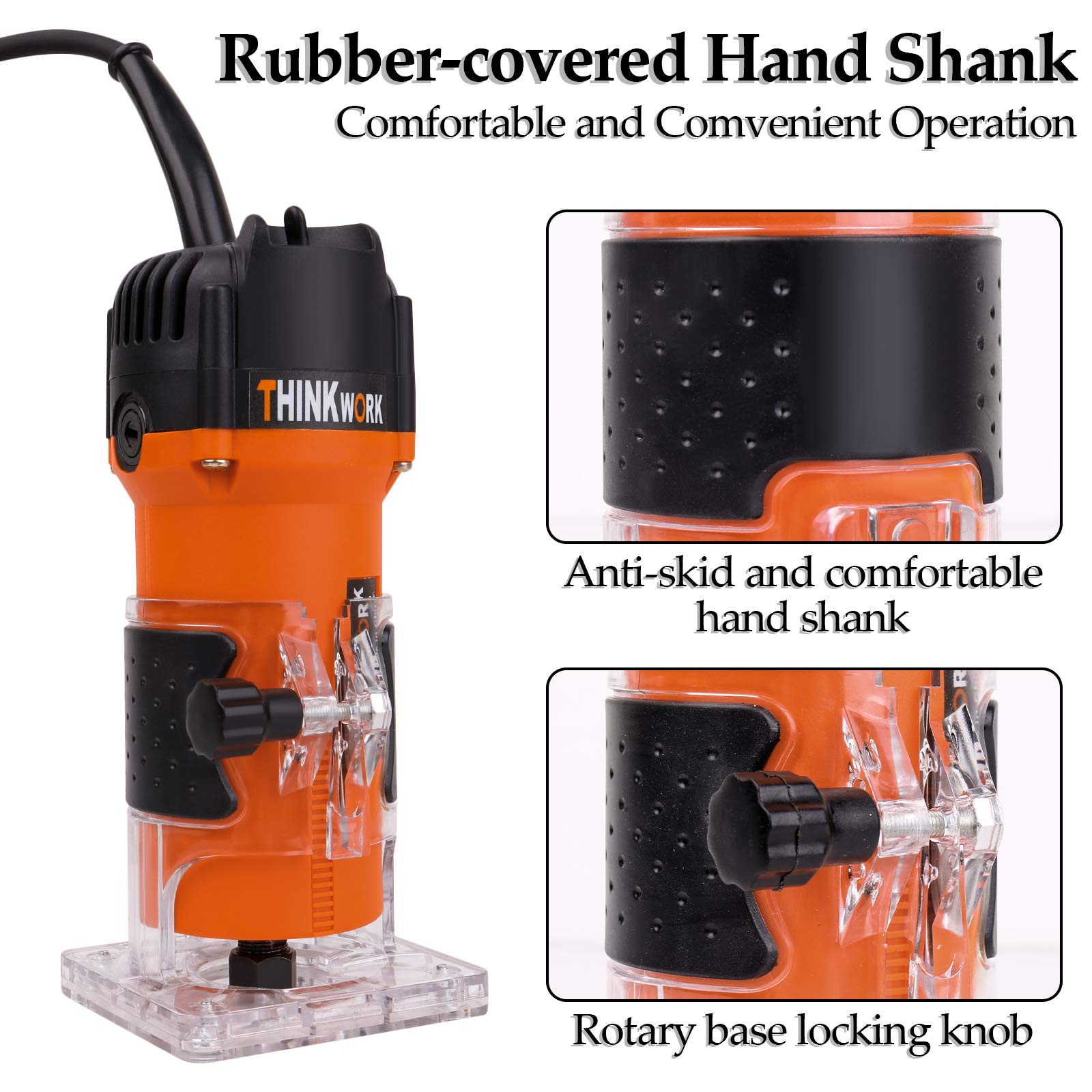 THINKWORK Compact Router, 6.5-Amp 1.25 HP Compact Wood Palm Router, Wood Trimmer with 15 pieces 1/4" Router Bits Set, 30000R/MIN