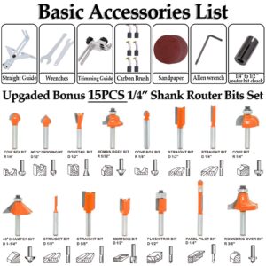 THINKWORK Compact Router, 6.5-Amp 1.25 HP Compact Wood Palm Router, Wood Trimmer with 15 pieces 1/4" Router Bits Set, 30000R/MIN