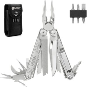 gifts for men dad, bibury multitool, 19-in-1 stainless steel multi tool with fold-able pliers, screwdriver sleeve, scissors, nylon pouch, muti-tool for camping survival hiking hunting repairing