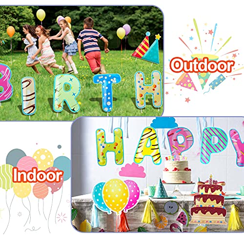 16PC Happy Birthday Yard Sign 15" Large Birthday Party Decorations Yard Stakes Lawn Signs Outdoor Decal Yard Signs for Birthday Yard Lawn Party Supplies Alphabets Balloons Cake Waterproof Party Decals