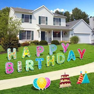 16PC Happy Birthday Yard Sign 15" Large Birthday Party Decorations Yard Stakes Lawn Signs Outdoor Decal Yard Signs for Birthday Yard Lawn Party Supplies Alphabets Balloons Cake Waterproof Party Decals
