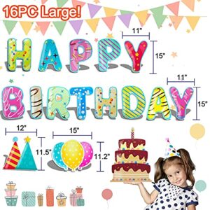 16PC Happy Birthday Yard Sign 15" Large Birthday Party Decorations Yard Stakes Lawn Signs Outdoor Decal Yard Signs for Birthday Yard Lawn Party Supplies Alphabets Balloons Cake Waterproof Party Decals