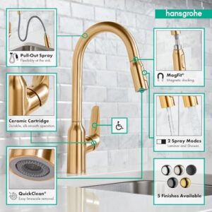 hansgrohe Focus N Gold High Arc Kitchen Faucet, Kitchen Faucets with Pull Down Sprayer, Faucet for Kitchen Sink, Brushed Gold Optic 71800251