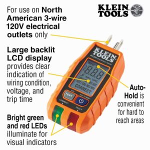 Klein Tools RT250 GFCI Outlet Tester with LCD Display, Electric Voltage Tester for Standard 3-Wire 120V Electrical Receptacles