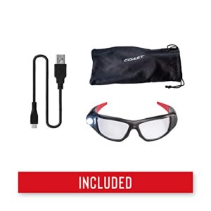 Coast SPG400 Rechargeable Lighted LED Safety Glasses with Built-In Inspection Beam, Scratch Resistant Interchangeable Lenses Black/Red