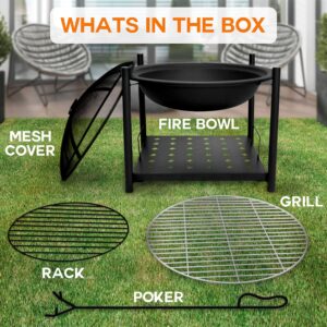 SereneLife Portable Outdoor Wood Fire Pit - 2-in-1 Steel BBQ Grill 26" Wood Burning Fire Pit Bowl w/ Mesh Spark Screen, Cover Log Grate, Wood Fire Poker for Camping, Picnic, Bonfire SLCARFP54.5