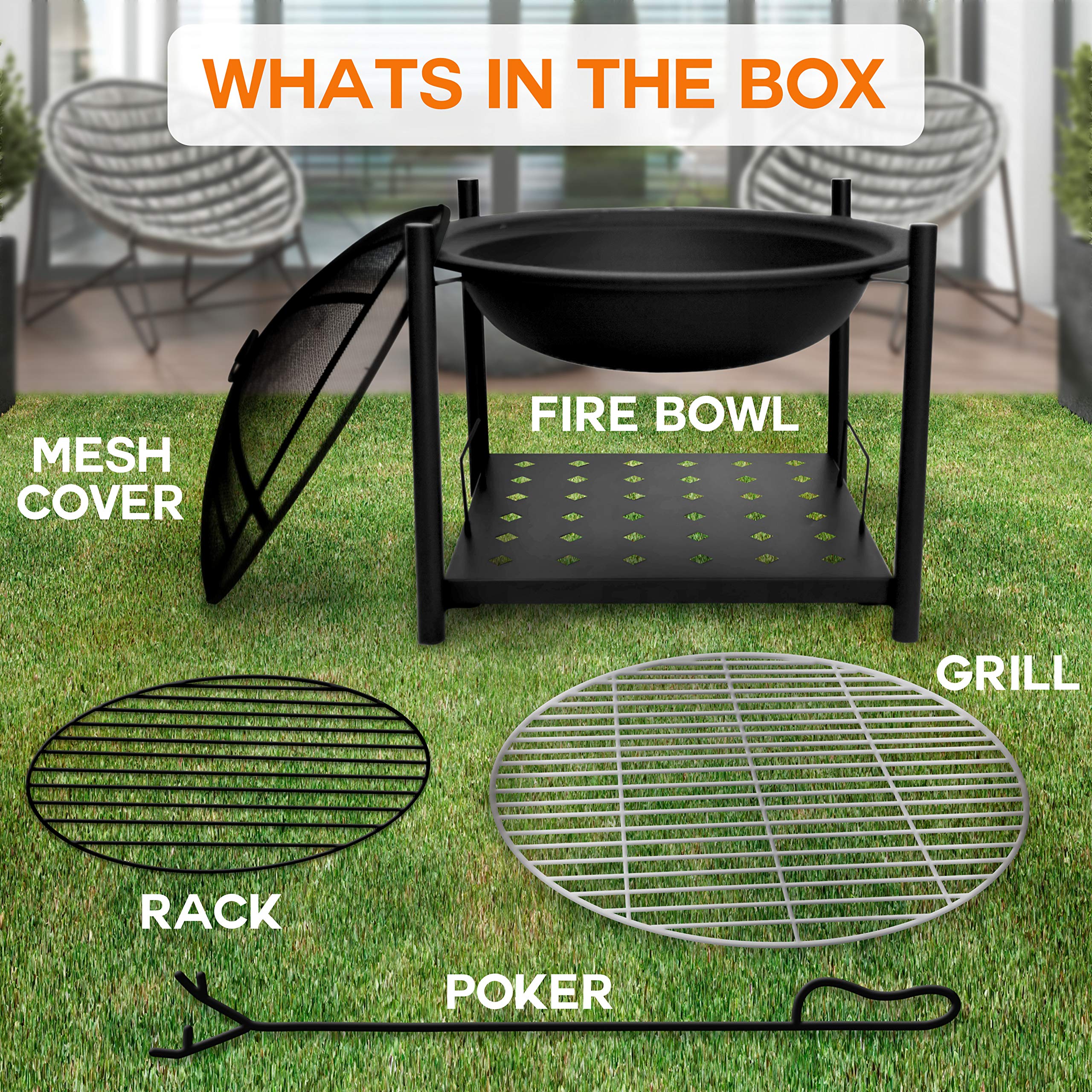 SereneLife Portable Outdoor Wood Fire Pit - 2-in-1 Steel BBQ Grill 26" Wood Burning Fire Pit Bowl w/ Mesh Spark Screen, Cover Log Grate, Wood Fire Poker for Camping, Picnic, Bonfire SLCARFP54.5