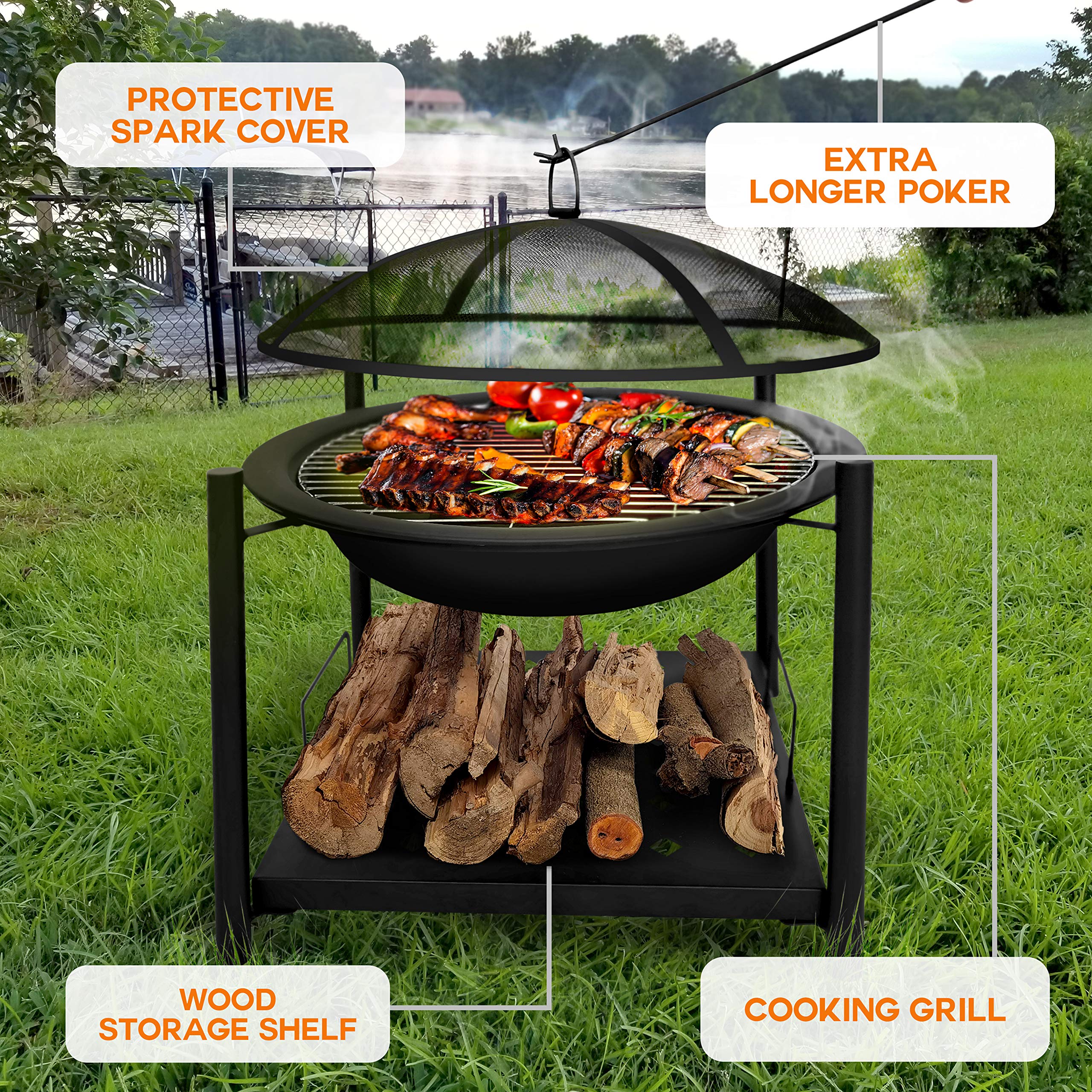 SereneLife Portable Outdoor Wood Fire Pit - 2-in-1 Steel BBQ Grill 26" Wood Burning Fire Pit Bowl w/ Mesh Spark Screen, Cover Log Grate, Wood Fire Poker for Camping, Picnic, Bonfire SLCARFP54.5