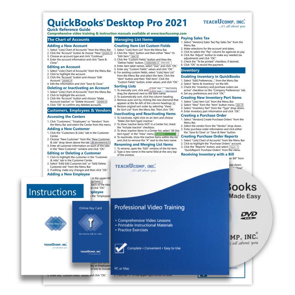 TEACHUCOMP DELUXE Video Training Tutorial Course for QuickBooks Desktop Pro 2021- Video Lessons, PDF Instruction Manual, Quick Reference Guide, Testing, Certificate of Completion