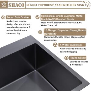 SHACO 33 Inch Black Kitchen Sink Drop In, 33x22 Large Top Mount Gunmetal Black Farmhouse Sink, Single Bowl Basin 16 Gauge SUS304 Stainless Steel Wet Bar Prep Sink