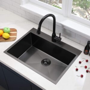 SHACO 33 Inch Black Kitchen Sink Drop In, 33x22 Large Top Mount Gunmetal Black Farmhouse Sink, Single Bowl Basin 16 Gauge SUS304 Stainless Steel Wet Bar Prep Sink