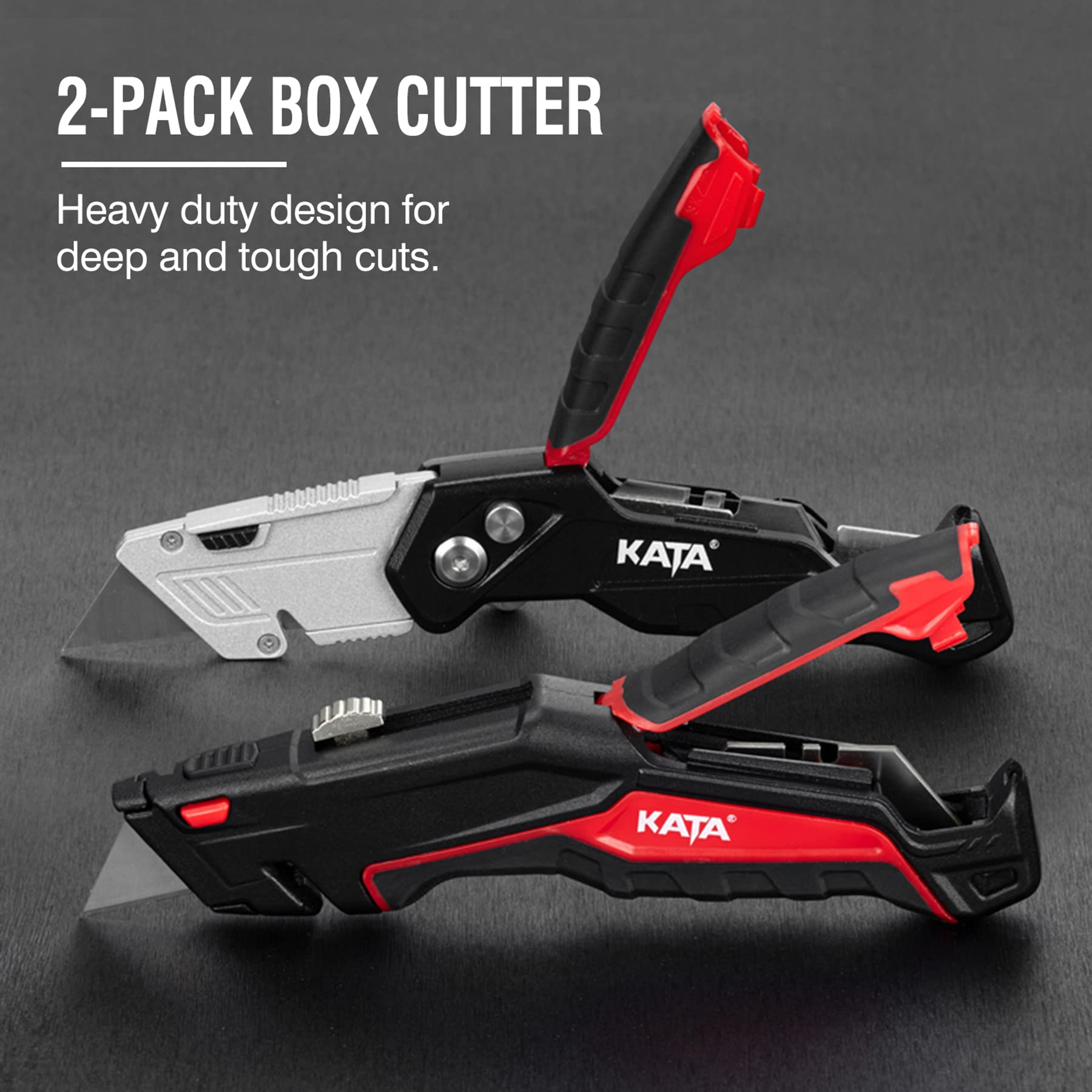 KATA 2-Pack Heavy Duty Utility Knife, Quick Change Blade, Retractable and Folding Box Cutter for Cartons, Cardboard and Boxes With 10pcs SK5 Sharp Blades Included, Blade Storage Design, Red