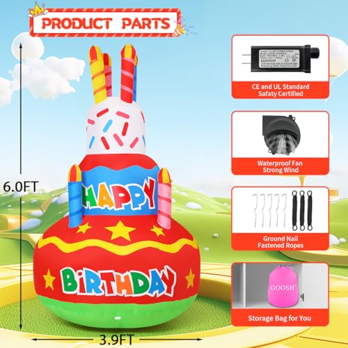 GOOSH Birthday Inflatables Outdoor Decorations Cake with Candle, Happy Birthday Blow Up Yard Decorations 6.2FT with Colorful Rotating LED Lights for Party Yard Garden Lawn (Red-A)