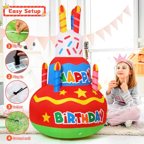 GOOSH Birthday Inflatables Outdoor Decorations Cake with Candle, Happy Birthday Blow Up Yard Decorations 6.2FT with Colorful Rotating LED Lights for Party Yard Garden Lawn (Red-A)