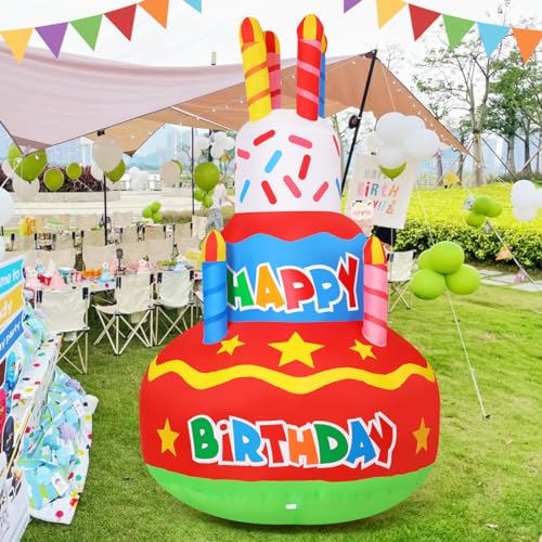 GOOSH Birthday Inflatables Outdoor Decorations Cake with Candle, Happy Birthday Blow Up Yard Decorations 6.2FT with Colorful Rotating LED Lights for Party Yard Garden Lawn (Red-A)