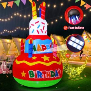 GOOSH Birthday Inflatables Outdoor Decorations Cake with Candle, Happy Birthday Blow Up Yard Decorations 6.2FT with Colorful Rotating LED Lights for Party Yard Garden Lawn (Red-A)